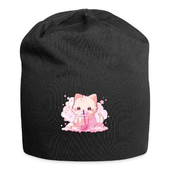 Kawaii Cat Drinks Boba Bubble Tea Chibi - Jersey Beanie - black - Front