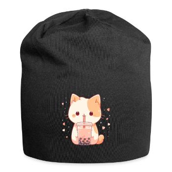 Kawaii Cat Drinks Boba Bubble Tea Chibi - Jersey Beanie - black - Front