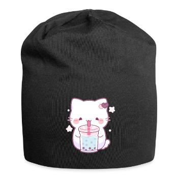 Kawaii Cat Drinks Boba Bubble Tea Chibi - Jersey Beanie - black - Front