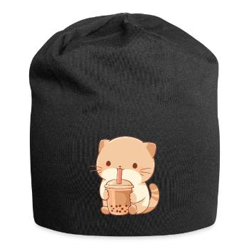 Kawaii Cat Drinks Boba Bubble Tea Chibi - Jersey Beanie - black - Front