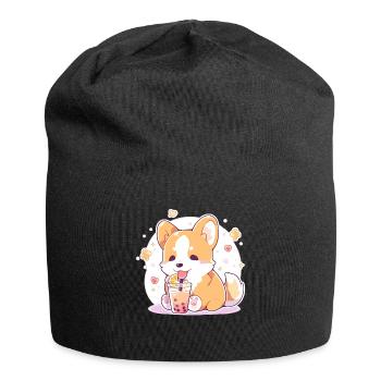 Kawaii Corgi Dog Drinks Boba Bubble Tea Chibi - Jersey Beanie - black - Front