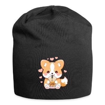 Kawaii Corgi Dog Drinks Boba Bubble Tea Chibi - Jersey Beanie - black - Front