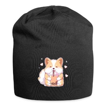 Kawaii Corgi Dog Drinks Boba Bubble Tea Chibi - Jersey Beanie - black - Front