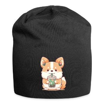 Kawaii Corgi Dog Drinks Boba Bubble Tea Chibi - Jersey Beanie - black - Front
