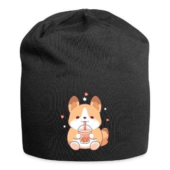 Kawaii Corgi Dog Drinks Boba Bubble Tea Chibi - Jersey Beanie - black - Front