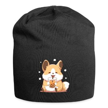 Kawaii Corgi Dog Drinks Boba Bubble Tea Chibi - Jersey Beanie - black - Front