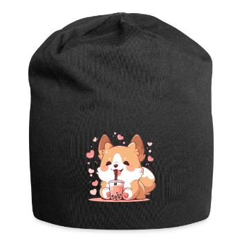 Kawaii Corgi Dog Drinks Boba Bubble Tea Chibi - Jersey Beanie - black - Front
