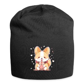 Kawaii Corgi Dog Drinks Boba Bubble Tea Chibi - Jersey Beanie - black - Front