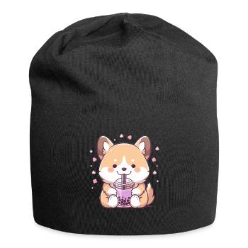 Kawaii Corgi Dog Drinks Boba Bubble Tea Chibi - Jersey Beanie - black - Front