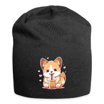 Kawaii Corgi Dog Drinks Boba Bubble Tea Chibi - Jersey Beanie - black - Front