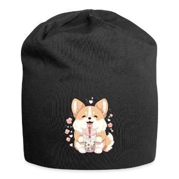Kawaii Corgi Dog Drinks Boba Bubble Tea Chibi - Jersey Beanie - black - Front