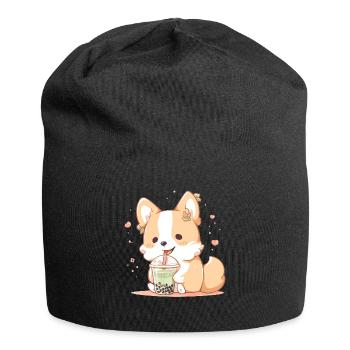Kawaii Corgi Dog Drinks Boba Bubble Tea Chibi - Jersey Beanie - black - Front