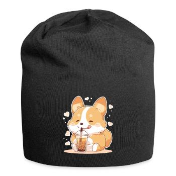 Kawaii Corgi Dog Drinks Boba Bubble Tea Chibi - Jersey Beanie - black - Front