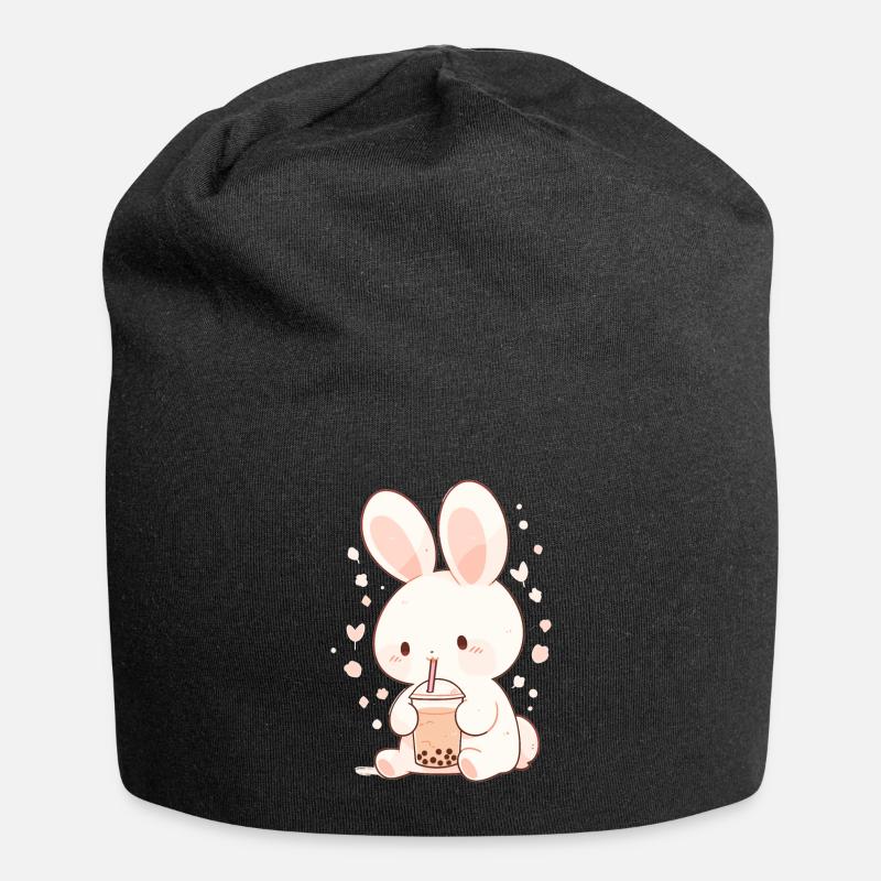 Kawaii Hase trinkt Boba Bubble Tea Chibi - Jersey-Beanie - Schwarz
