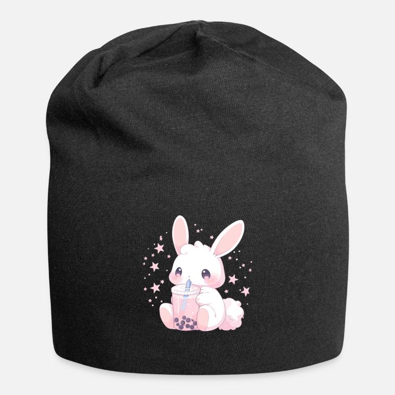 Kawaii Hase trinkt Boba Bubble Tea Chibi - Jersey-Beanie - Schwarz