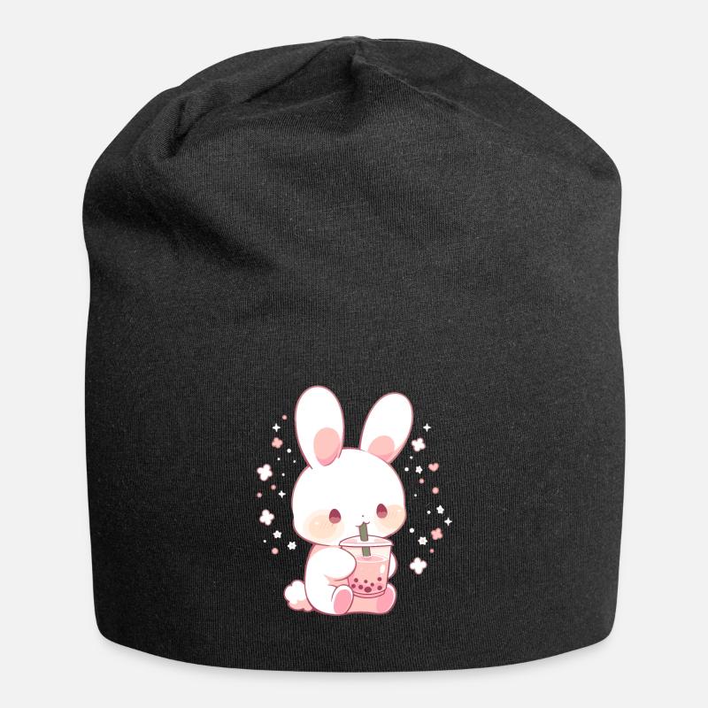 Kawaii Hase trinkt Boba Bubble Tea Chibi - Jersey-Beanie - Schwarz