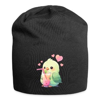 Kawaii Lovebird trinkt Boba Bubble Tea Chibi - Jersey-Beanie - Schwarz - Vorne