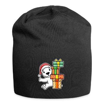 Eisbär mit Weihnachtsmütze und Weihnachtsgeschenk - Jersey-Beanie - Schwarz - Vorne
