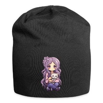 Kawaii Girl Anime Manga Fille et chat - Bonnet en jersey - noir - Devant
