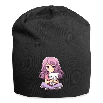Kawaii Girl Anime Manga Fille et chat - Bonnet en jersey - noir - Devant