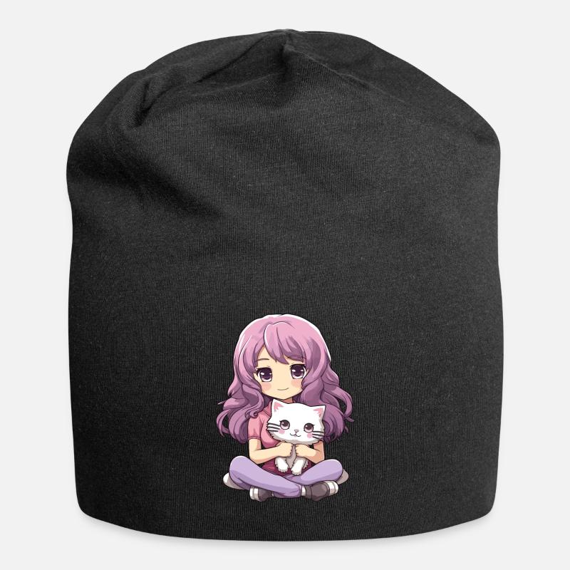 Kawaii Mädchen Anime Manga Mädchen und Katze - Jersey-Beanie - Schwarz