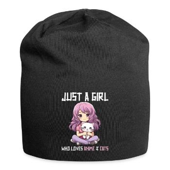 Kawaii Girl Anime Manga Girl and Cat - Jersey Beanie - black - Front