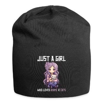 Kawaii Girl Anime Manga Girl and Cat - Jersey Beanie - black - Front