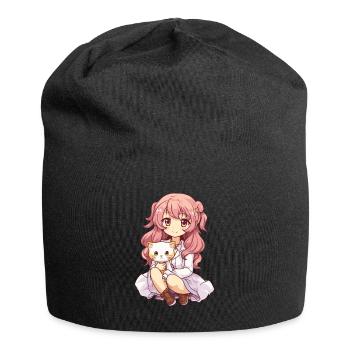 Kawaii Girl Anime Manga Fille et chat - Bonnet en jersey - noir - Devant