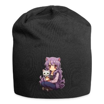 Kawaii Girl Anime Manga Fille et chat - Bonnet en jersey - noir - Devant