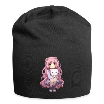 Kawaii Girl Anime Manga Fille et chat - Bonnet en jersey - noir - Devant