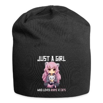 Kawaii Girl Anime Manga Girl and Cat - Jersey Beanie - black - Front