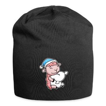 Schaf mit Kissen und Schlafmütze - Jersey-Beanie - Schwarz - Vorne