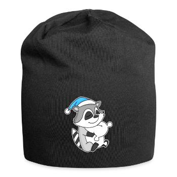 Raccoon with pillow and sleepy cap - Jersey Beanie - black - Front
