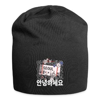 Hallo Annyonghaseyo Perfekt für deine Reise nach Seoul - Jersey-Beanie - Schwarz - Vorne