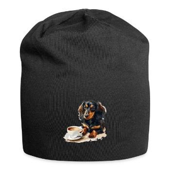 Cute Dachshund Doxie with a Cup of Coffee Wiener - Jersey Beanie - black - Front