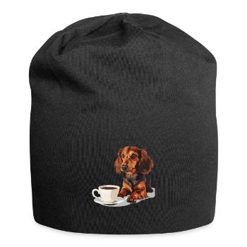 Cute Dachshund Doxie with a Cup of Coffee Wiener - Jersey Beanie - black - Front
