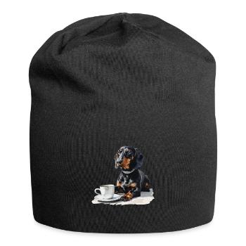 Cute Dachshund Doxie with a Cup of Coffee Wiener - Jersey Beanie - black - Front