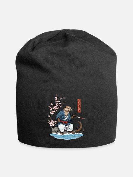 Kawaii Samurai Otter Ukiyo-E Kunst Streetwear - Jersey-Beanie - Schwarz
