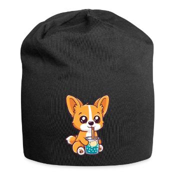 Welsh Corgi Pembroke Drinking Bubble Tea Boba - Jersey Beanie - black - Front