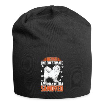 Frau mit Samojede Schlittenhund - Jersey-Beanie - Schwarz - Vorne