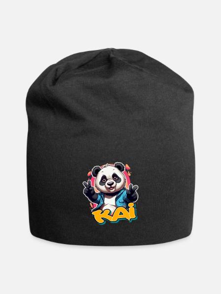 KAI - Schöner Jungen Name mit coolem Panda - Jersey-Beanie - Schwarz