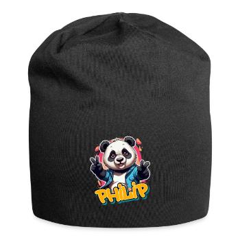 PHILIP - Schöner Jungen Name mit coolem Panda - Jersey-Beanie - Schwarz - Vorne
