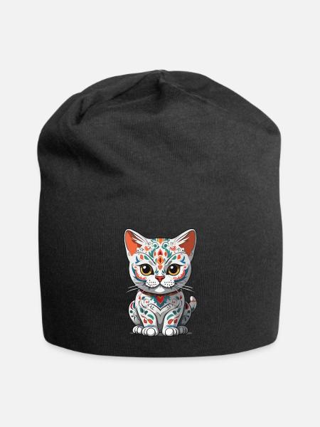 Iconic Sugar Skull Cat Mexican - Jersey Beanie - black