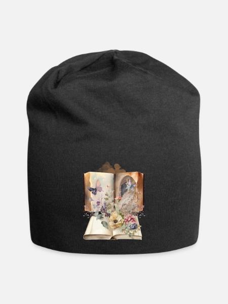 Vintage Buch Bücher Nostalgisch Blumen - Jersey-Beanie - Schwarz