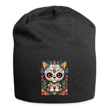 Kawaii Katze Ikonischer Zuckerschädel Streetwear - Jersey-Beanie - Schwarz - Vorne