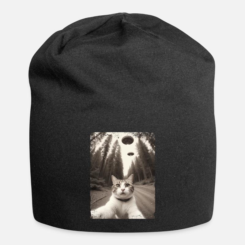 Katzen Selfie Mit Außerirdischem Raumschiff - Jersey-Beanie - Schwarz