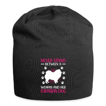 Frau und ihr Eurasier Eurasian Spitz - Jersey-Beanie - Schwarz - Vorne