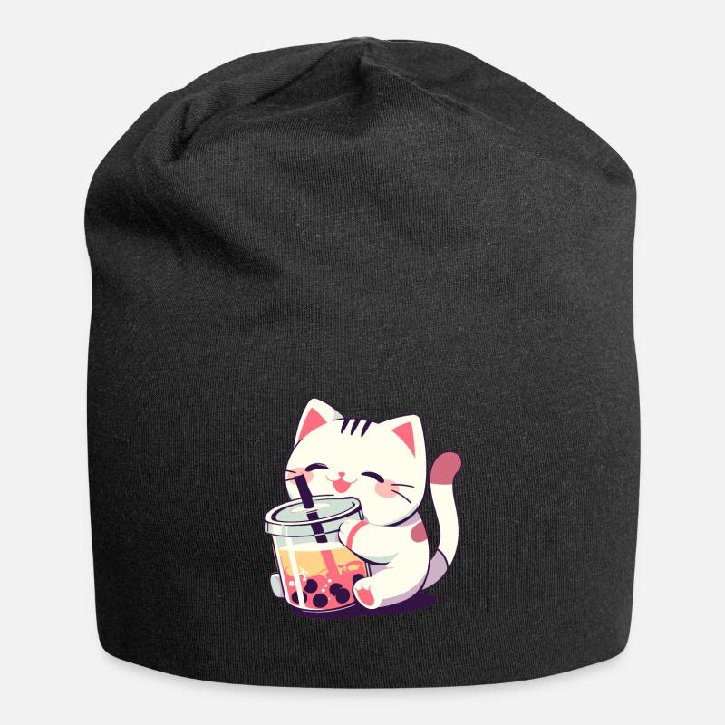 Katze die Bubble Tee trinkt Boba and Cats Anime - Jersey-Beanie - Schwarz