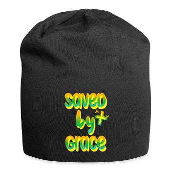 Lebensfrohe Botschaft im Regenbogen-Design - Jersey-Beanie - Schwarz - Vorne