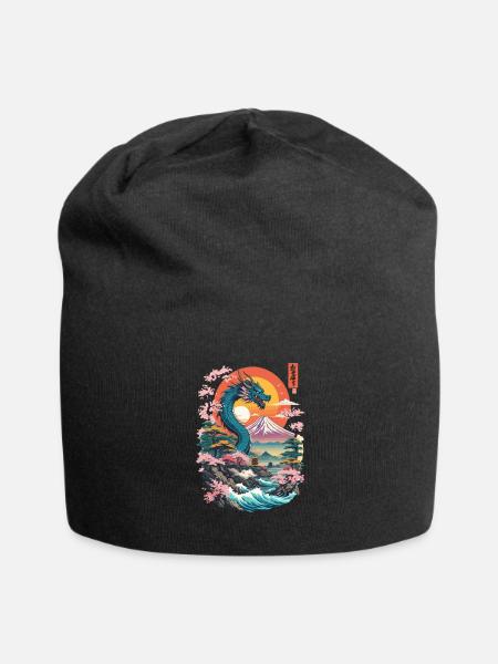 Vintage Ukiyo-E Vaporwave Japanese Dragon - Jersey Beanie - black